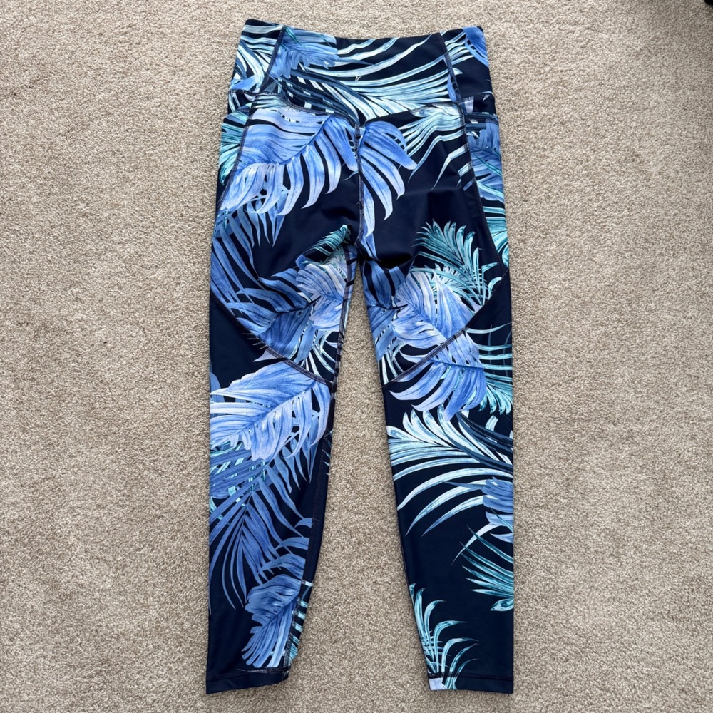 Old Navy Elevate Legging Women Large Blue Tropical Palm Go-Dry Activewear - Picture 2 of 5